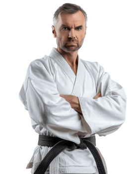 Confident Karate Expert in White Uniform with Black Belt isolated on transparent background png