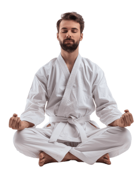 Man in white karate gi meditating isolated on transparent background png