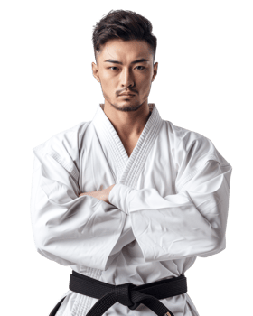 Young man in karate uniform with arms crossed with serious expression isolated on transparent background png