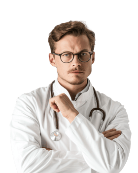 Serious Man with Glasses in White Lab Coat Isolated on Transparent Background png