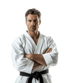 Confident karate fighter in white gi with black belt isolated on transparent background png