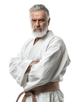 Senior Man in White Karate Gi with Brown Belt isolated on transparent background png
