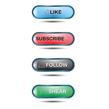 Metallic buttons in different colors. Like, subscribe, follow, share button set. Blue, green, red, and black glossy button. Social media button with icon vector