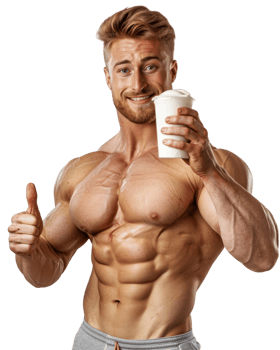 Muscular man thumbs up with protein drink isolated on transparent background png
