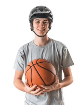 Young man holding basketball and wearing helmet isolated on transparent background png
