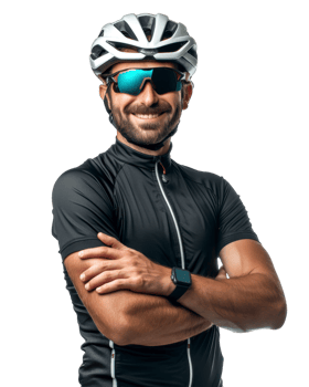 Smiling Cyclist Wearing a Helmet and Sunglasses isolated on transparent background png