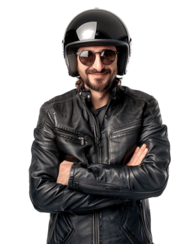 Motorcyclist in black jacket with crossed arms Isolated on transparent background png