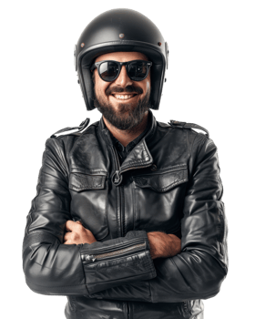 Confident motorcyclist in black leather jacket with arms crossed Isolated on transparent background png
