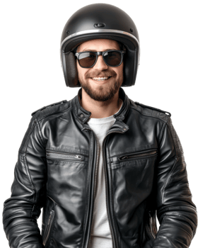 Smiling motorcyclist in black leather jacket Isolated on transparent background png
