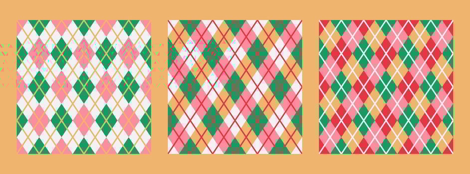 Set of seamless geometric Argyle patterns in green, pink, red and white. vector