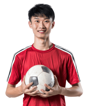Young boy in red shirt holding a soccer ball Isolated on transparent background png