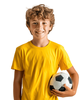 Smiling child in yellow shirt holding a soccer ball Isolated on transparent background png