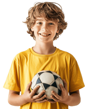 Smiling child in yellow shirt holding a soccer ball Isolated on transparent background png
