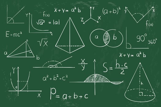 Math geometry graph and shapes on blackboard background. Set science doodle hand drawn sketch elements. Study theory formula, calculations. vector