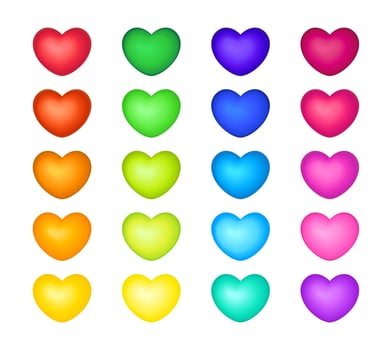 Set of colorful 3D heart icons - red, orange, yellow, green, blue and purple. vector