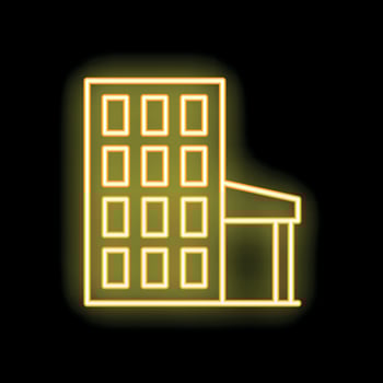 Glowing neon sign of a multi storey building with a canopy entrance on a black background vector
