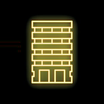 Yellow neon sign of generic multistory building facade at night vector