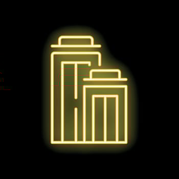 Bright yellow neon sign of two modern buildings is glowing on a black background vector