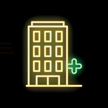 Glowing neon sign depicting a hospital building on a black background vector