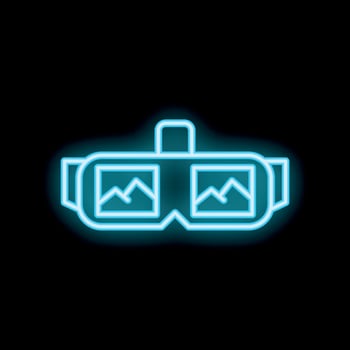 Neon icon of vr headset showing mountainscape displaying on screen vector