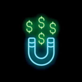 Blue neon magnet attracting green money signs on black background vector