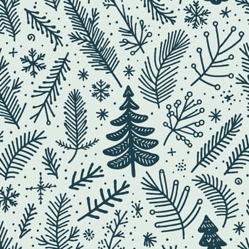 Doodle Fir Branches, Coniferous Tree, Linear Pine Cones, Pine, Background with Christmas Pattern, Patterned Christmas Background. vector