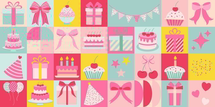 A colorful image of various party items such as cakes, cupcakes, balloons, and presents. Scene is celebratory and festive vector