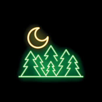 Crescent moon shining over coniferous forest neon sign vector