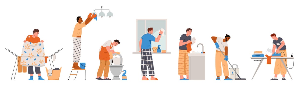 Men of different ethnicity doing house chores flat illustrations set isolated on white. Doing laundry, ironing, mopping, washing the toilet, windows, dishes, wiping the dust. vector