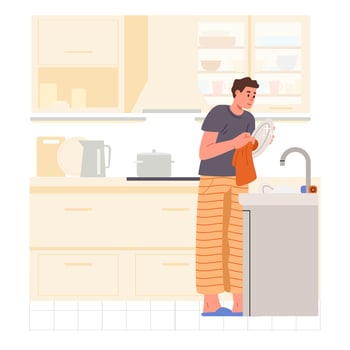 Man washing the dishes in the kitchen flat illustration. House chores. vector