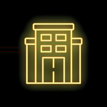 Glowing neon sign of a building with double doors at night vector