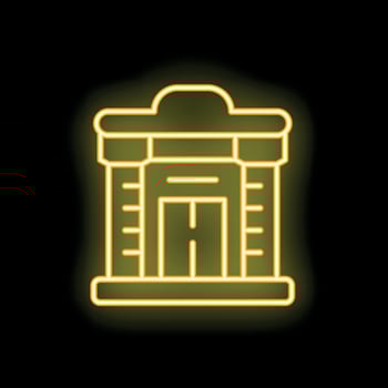 Yellow neon sign of a building facade with double doors on a black background vector