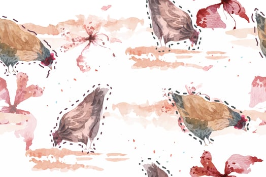 Seamless pattern with chicken cartoon.Illustration in Watercolor.Cute cartoon farm animal background.Suitable for designing fabric patterns, wallpaper.Brown tones. vector