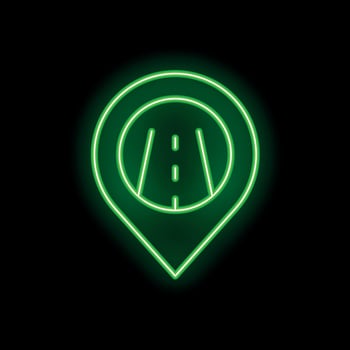 Neon green glowing road location pin icon graphic on black background vector