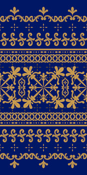Exquisitely Royal Blues Background Gold Silk Hand Weaves Embroidery Border Seamless Pattern . Haute Couture Fleur de lis Luxury for Opulence Design. Delicate Indonesian Art Hand Craft for Fabric vector