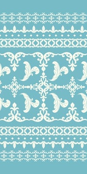 Elegance Fantasy Design on Blue Background with Light Beige Embroidery Pattern. Scroll and Curl Ornament Rich Border Decoration Seamless Pattern. Rim and Stripe fleur de lis Luxury Deco. vector