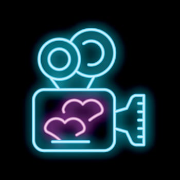 Neon love movie camera icon for romantic cinema night vector