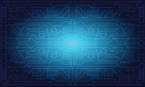 Technology style background, circuitry on a motherboard in a neon blue colour scheme vector
