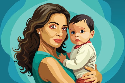 A mother lovingly cradles her infant in her arms, showcasing a bond of care in a vibrant and artistic portrayal vector
