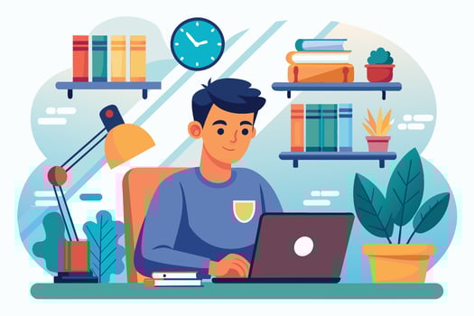 A young man working diligently on a laptop at a well-organized desk surrounded by books and plants during the afternoon vector
