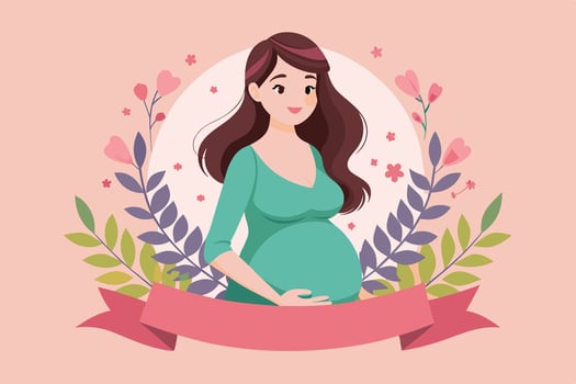 A joyful pregnant woman surrounded by flowers, showcasing motherhood and beauty in a vibrant illustration vector