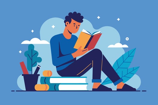 A person reading a book while sitting on a stack of books with a plant nearby in a bright, cheerful environment vector