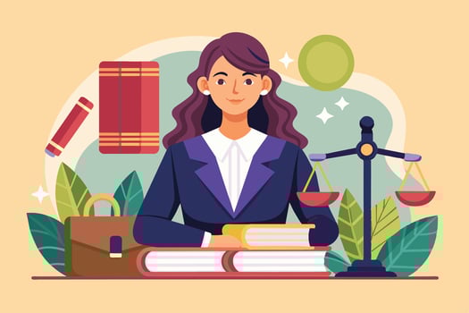 A confident woman lawyer sitting at her desk with legal books and a scale of justice in a bright and organized office setting vector