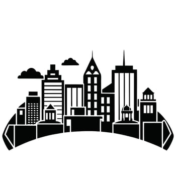 Urban city skyline with bold black and white design, featuring skyscrapers and urban elements vector