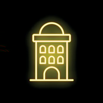 Neon sign of old city hall building with arch windows and big entrance vector