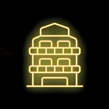 Yellow neon sign representing building with balconies on black background vector
