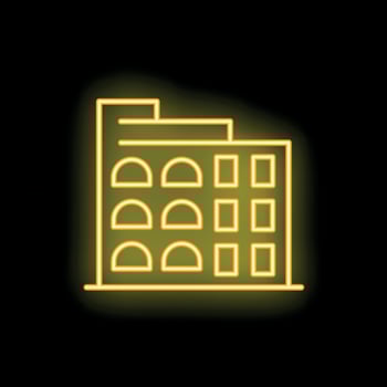Yellow neon sign of cityscape with building on black background vector