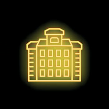 Yellow neon sign of multi storey residential building on black background vector