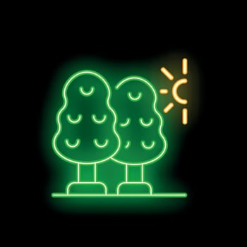Glowing neon icon of two trees and sun representing park or forest at sunset vector