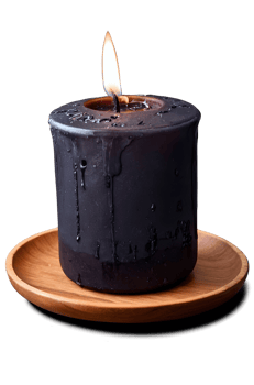 Black burning candle on wooden plate isolated on transparent background, fire, flame, culture and religion png